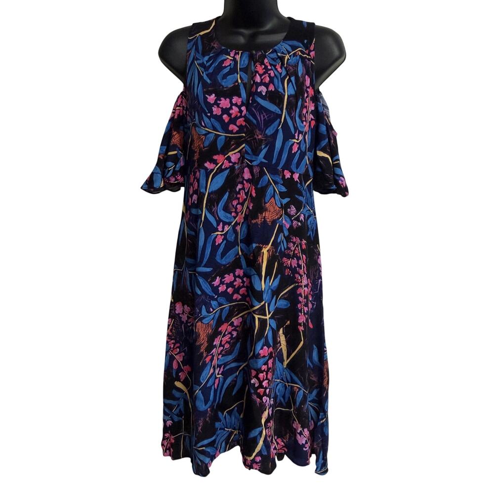 Maeve Anthropologie Dress 4 Black Shift Cold Shoulder Ruffle Lined Women EUC